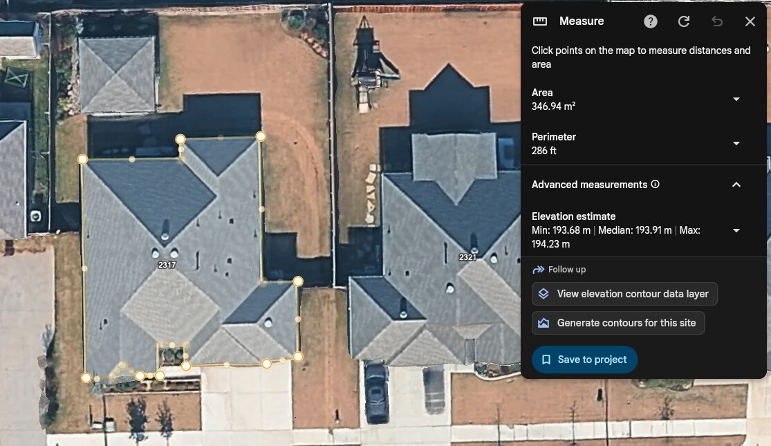 Satellite view of a home with its roofline traced using a measurement tool, showing calculated perimeter and area for a permanent lighting estimate