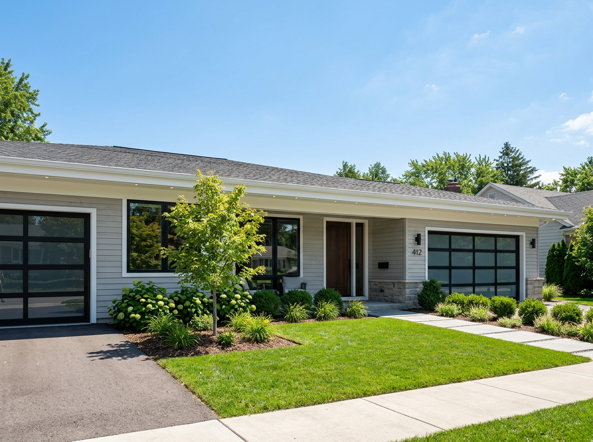 A single-story suburban home in bright daylight with a color-matched permanent lighting track tucked under the eave, nearly invisible with the lights off