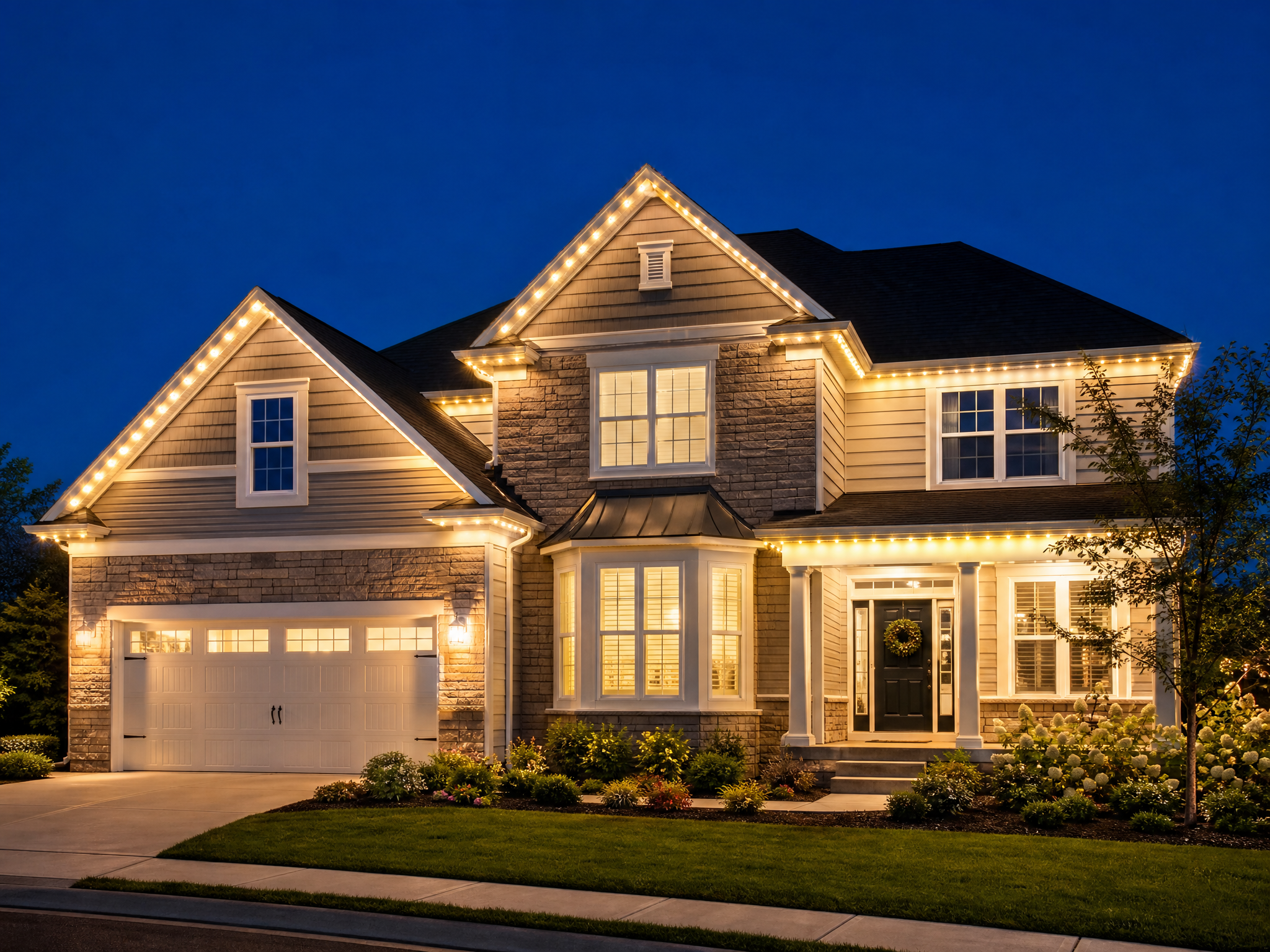 The same roofline at night with the permanent lighting track glowing warm white, outlining the home's architecture